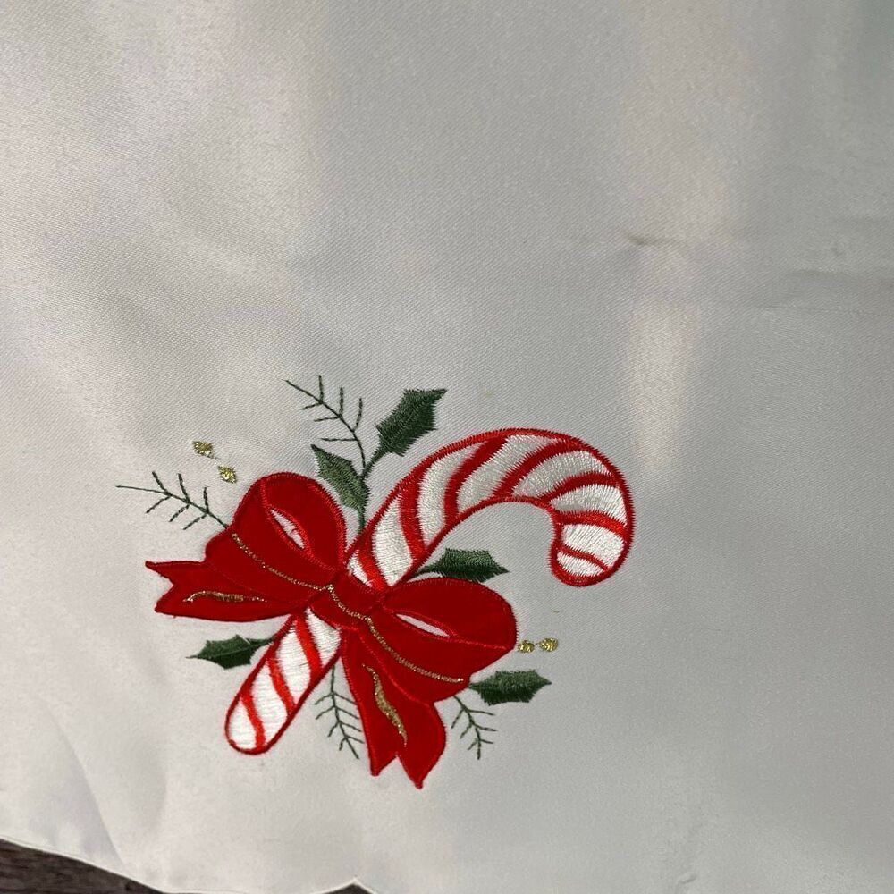 Vintage Christmas Satin Like Tablecover Candy Canes Bows Holly Home Decor 34x34 - Picture 4 of 8